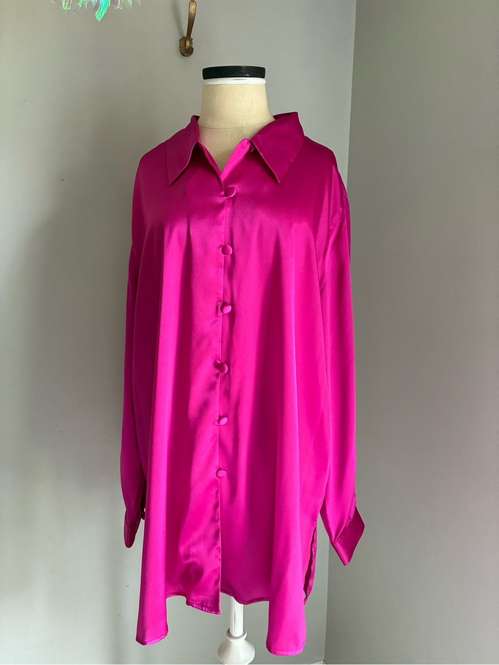 Y2K 90s Satin Hot Pink Button Down Blouse Top 2X